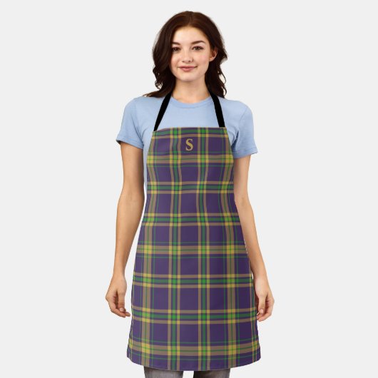 Tablier Mardi Gras Tartan Apron violet vert or (Porté)