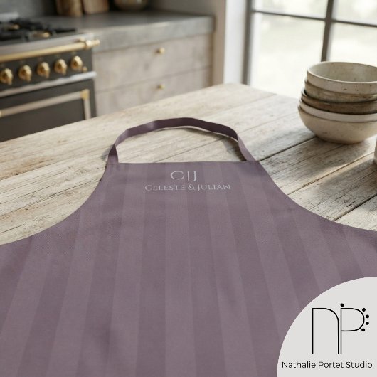 Tablier Mariage Monogramme Rayures Prune