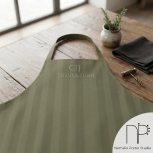 Tablier Mariage Monogramme Rayures Vert Olive