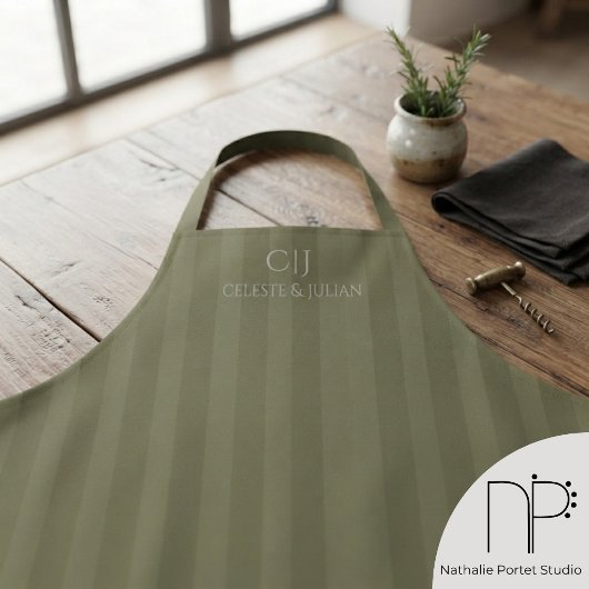 Tablier Mariage Monogramme Rayures Vert Olive