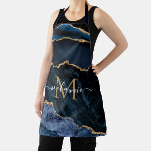 Tablier Marine Blue Gold Marble Custom Lettre Nom Apron