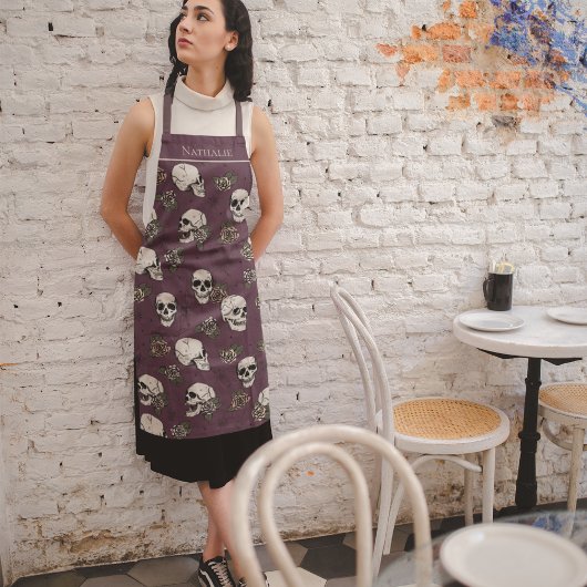 Tablier Maroon Gothic Skuls et Roses Nom personnalisé