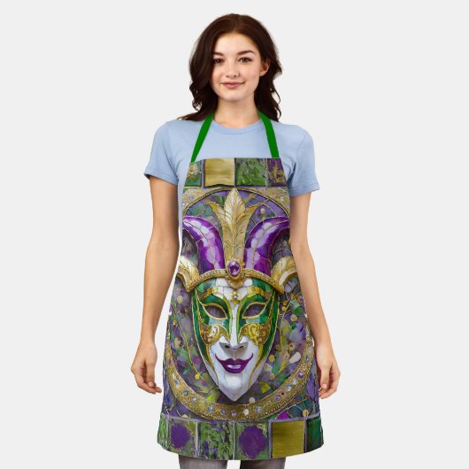 Tablier Masque Mardi Gras Jester Vert Or (Porté)