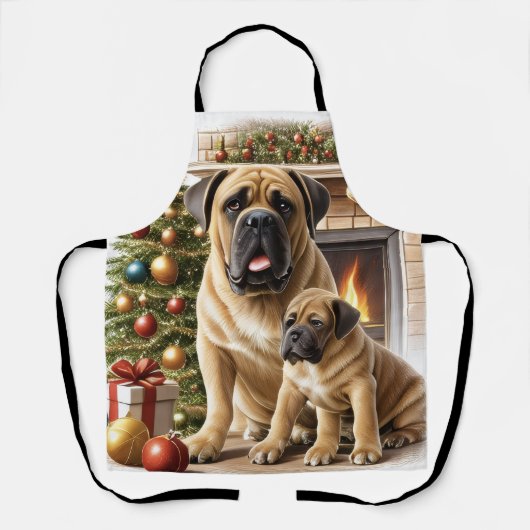 Tablier Mastiff Dogue de Bordeaux cheminée Noël (Recto)