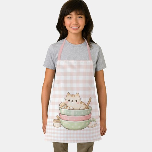 Tablier Mignon Chat Kawaii Chaton Cuisine Pastel Gingham R (Insitu)