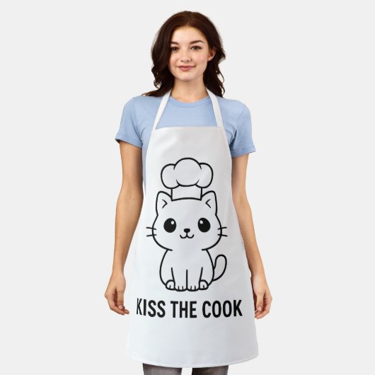 Tablier Mignon Chibi Chat “Embrassez le Cuisinier” (Porté)