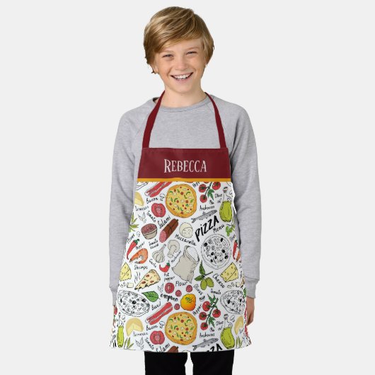 Tablier mignon enfants unisex pizza cuisson ajouter nom (Porté)