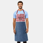 Tablier Mignonne grand-mère rouge blanc chèque bleu Denim  (Porté)