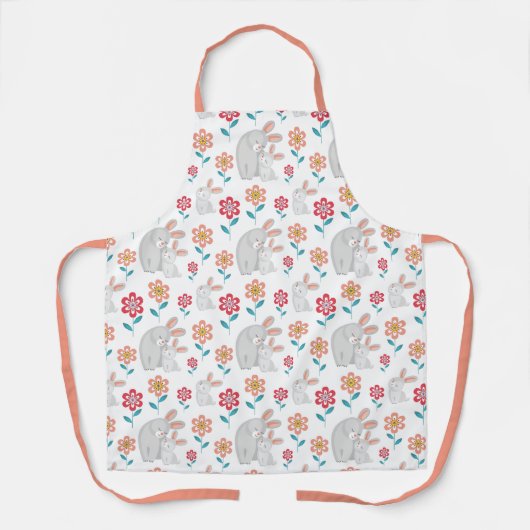 Tablier Mignonne lapin mère et lapin, fleurs motif (Recto)