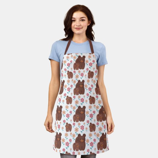 Tablier Mignonne mère ours avec bébé et fleurs motif (Porté)
