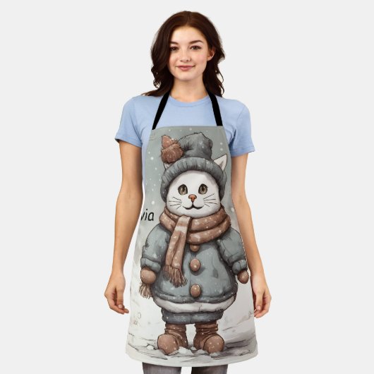 Tablier Mignonne Noël Chat Snowman Aquarelle Whimsical (Porté)