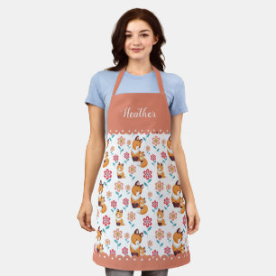 Tablier Mignons renard rouge mère et fleurs de bébé corail