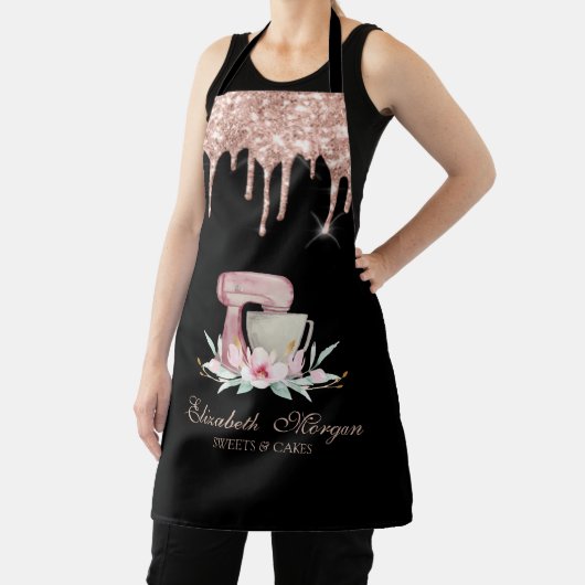 Tablier Mixer Fleurs Rose Gold Drives Boulangerie Noir (Insitu)