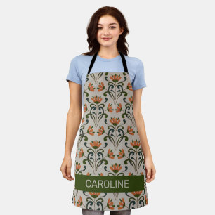 Tablier Modèle floral boho Art nouveau avec nom beige