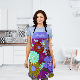 Tablier Modèle floral vert pourpre gras et nom personnalis