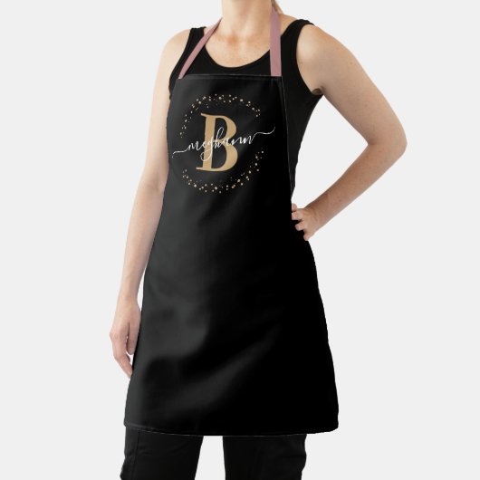 Tablier Modern Girly Black Gold Nom Script Monogramme (Insitu)