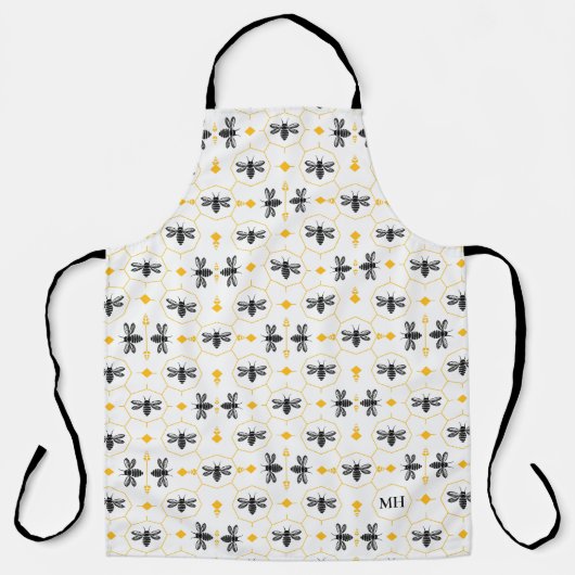 Tablier Modern Yellow Bee Pattern Elegant Black Monogram (Recto)
