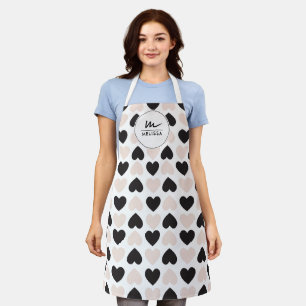 Tablier Moderne Blush rose noir Coeurs d'amour Monogramme