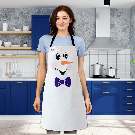 Tablier Moderne Cute Custom Snowman Face Bleu Bowtie Apron