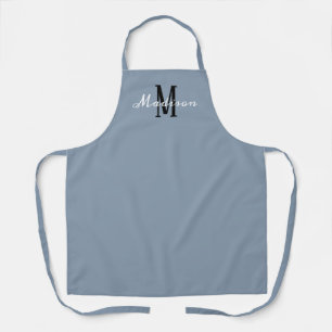 Tablier Moderne Dusty Blue Script Monogramme Nom Cuisine