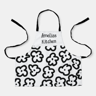 Tablier moderne floral noir et blanc pour enfants