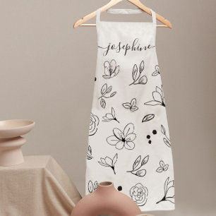 Tablier Moderne minimaliste blanc noir floral Personnalisé