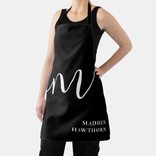 Tablier Moderne Monogramme Script Calligraphie noir blanc (Insitu)