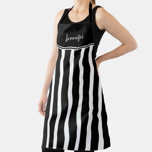 Tablier Moderne tendance noir blanc rayures monogramme nom (Insitu)
