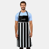 Tablier Moderne tendance noir blanc rayures monogramme nom (Porté)