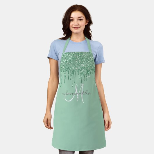 Tablier Monnaie vert Monogramme Parties scintillant goutte (Porté)