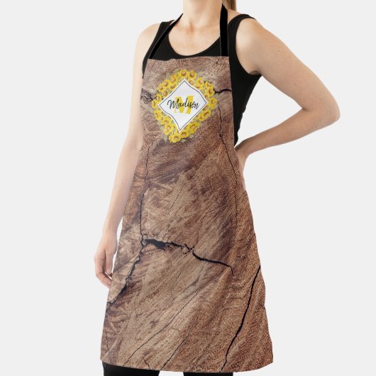 Tablier Monogram de Rustic Sunflowers & Wood Texture (Insitu)
