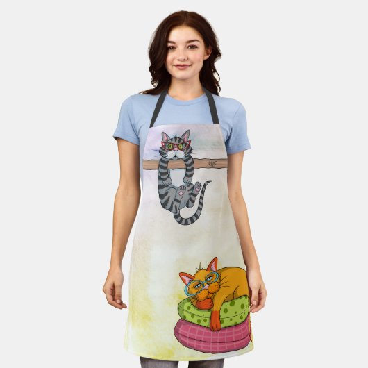 Tablier Monogram Funny Whimsical Chats tendance moderne (Porté)