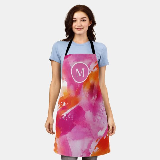 Tablier Monogramme Aquarelle rose orange Abstrait (Porté)