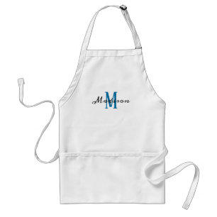 Tablier Monogramme blanc bleu moderne Nom du script Femmes