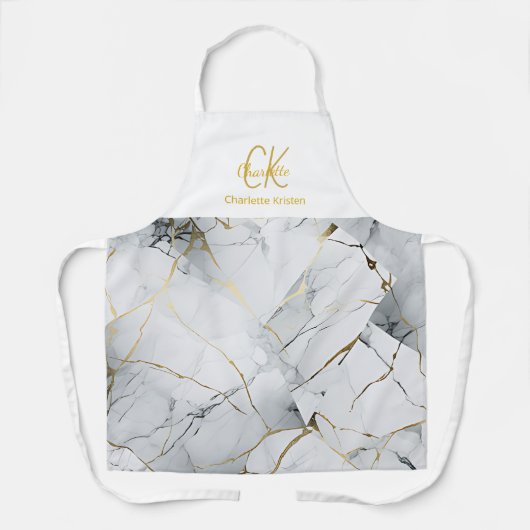 Tablier Monogramme blanc et or moderne (Recto)