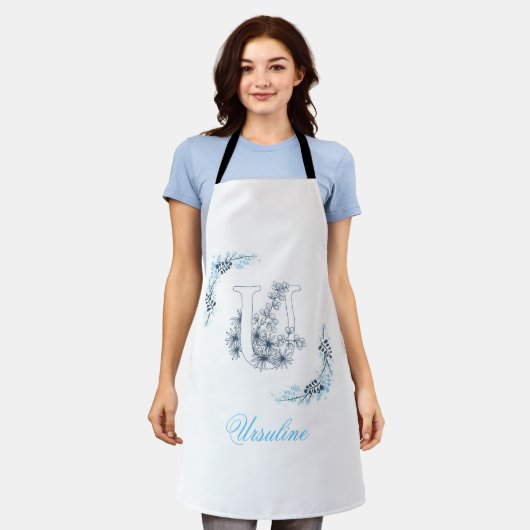 Tablier Monogramme bleu "U" initial Floral calme (Porté)