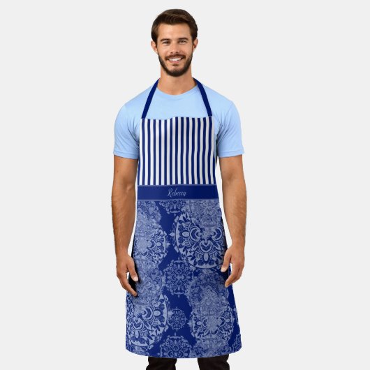 Tablier Monogramme Boho Moody Blues Mandalas and Stripes (Porté)