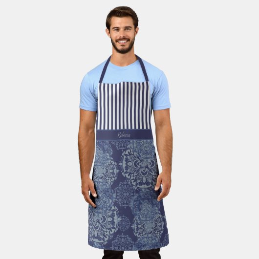 Tablier Monogramme Boho Moody Denim Blue Mandalas & Stripe (Porté)