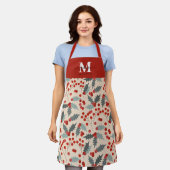 Tablier Monogramme botanique de Noël Holly Berry moderne (Porté)