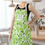 Tablier Monogramme botanique Motif de feuilles de harbe ve<br><div class="desc">Green Basil Herb Leaf Motif Nom botanique et Apron Monogram. Feuilles de basilic vert dans un motif. Ajoutez votre nom et votre monogramme.</div>