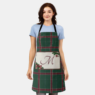 Tablier Monogramme carreau Noël héritage pin vert vin