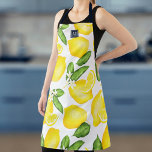 Tablier Monogramme citron vert jaune botanique<br><div class="desc">Ce tablier monogramme est doté d'un motif de citron botanique avec une bande marine et d'un carré pour le début au sommet.</div>