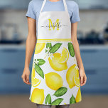 Tablier Monogramme de citron blanc botanique<br><div class="desc">Ce tablier monogramme est muni d'un motif citron aquarelle avec un jaune solide en haut,  où votre nom et votre initiale peuvent être ajoutés.</div>