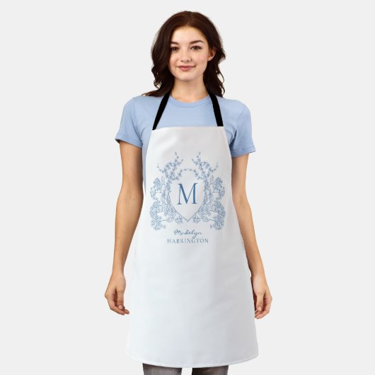 Tablier Monogramme de crête Florale Bleu Français Classiqu (Porté)
