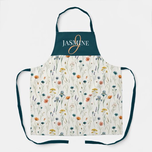 Tablier Monogramme de Fleur Sauvage Vert Orange Nom (Recto)
