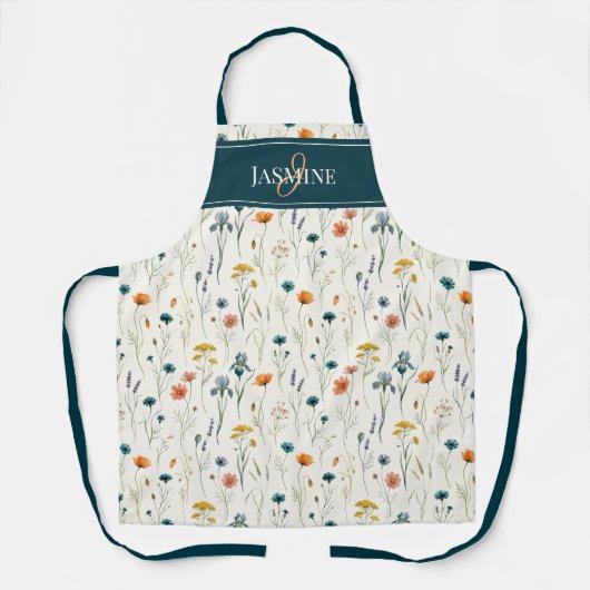 Tablier Monogramme de Fleur Sauvage Vert Orange Nom (Recto)