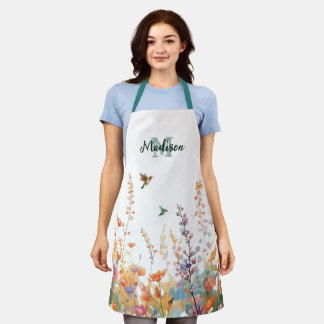 Tablier Monogramme de fleurs sauvages à l'aquarelle Nom pe