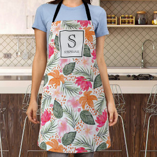 Tablier Monogramme de nom à motif floral tropical aquarell