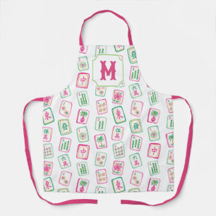 Tablier Monogramme de tuiles de Mahjong Rose & Vert Palm B