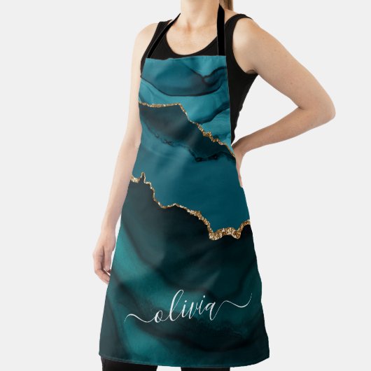 Tablier Monogramme doré de géode d'agate verte bleue aqua  (Insitu)